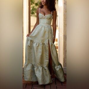 V. Chapman Lucetta Sage Windsor Brocade Pearl-Trimmed Green Maxi Dress